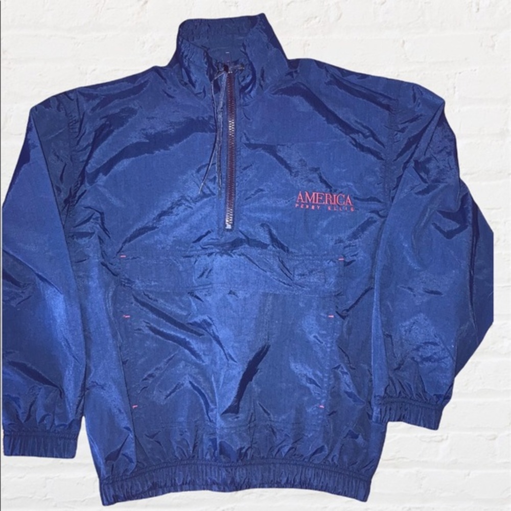 Vintage Perry Ellis America Navy Windbreaker Quarter Zip Jacket Kangaroo Pocket